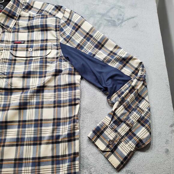 Wrangler ATG Button Up Long Sleeve Outdoorsman Plaid Shirt Black Tan Men Sz L - Picture 8 of 14